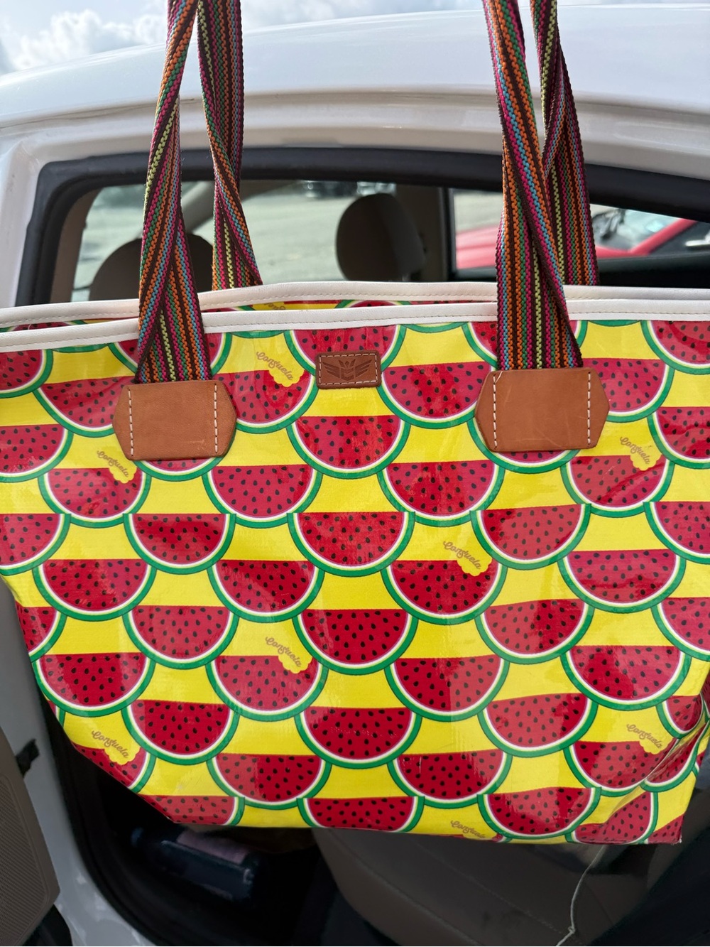 Consuela Yellow Watermelon Print Tote with Multicolor Straps